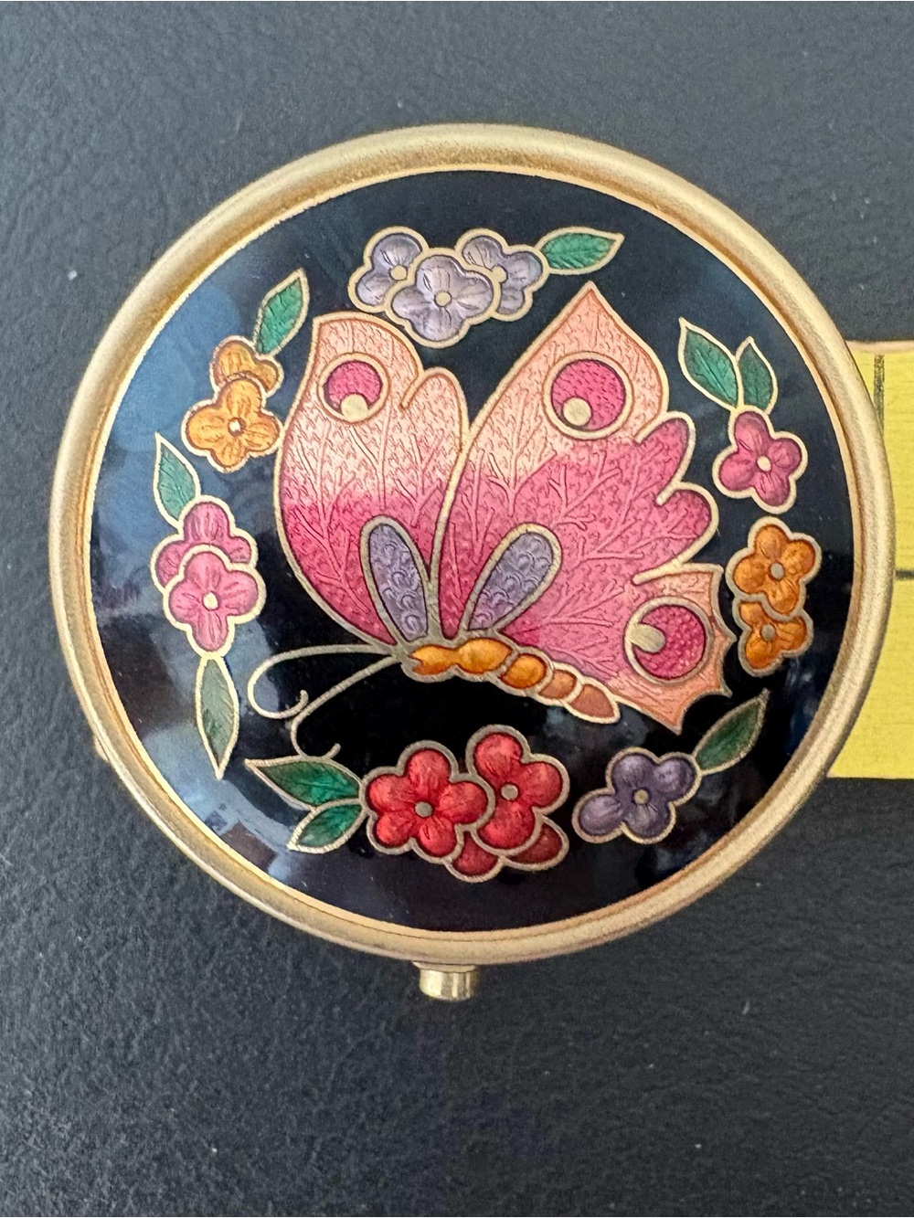 Cloisonné Enamel Butterfly Pill Box Trinket Case Removable Divider Vintage Round - Picture 5 of 8